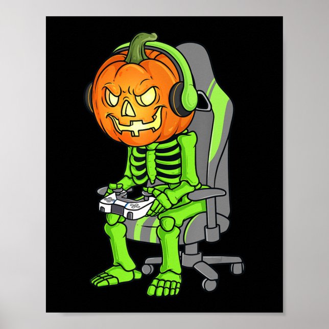 Gaming Halloween Skeleton Jack O Lantern Gamer Boy Poster (Front)