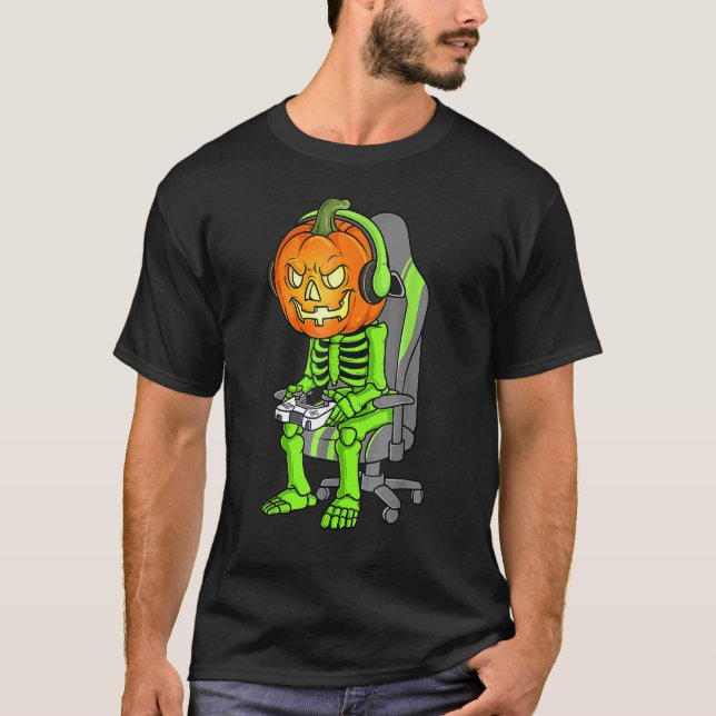 Gaming Halloween Skeleton Jack O Lantern Gamer Boy T-Shirt (Front)