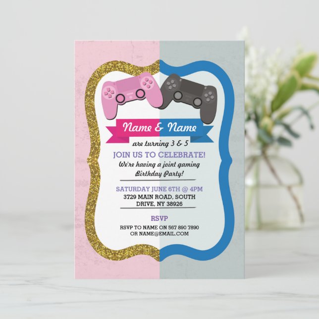 Gaming Joint Boy Girl Pink Blue Birthday Invitation (Standing Front)