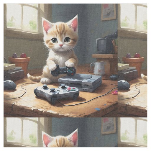 Gaming Kitty Cat Playing Video Games, Fabric
