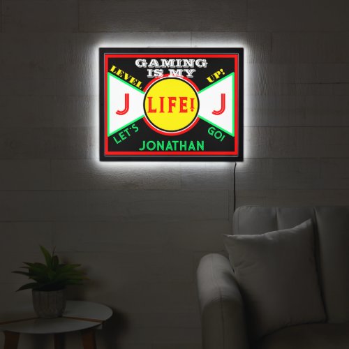 Gaming Life Room Name Black Yellow Red LED Sign