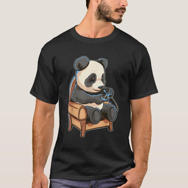 Gaming Panda Loves To Play Games In Cozy Chair T-Shirt (Front)