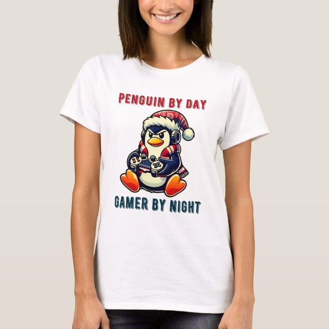 Gaming Penguin Christmas Funny Penguin Gamer Pew T-Shirt (Front)