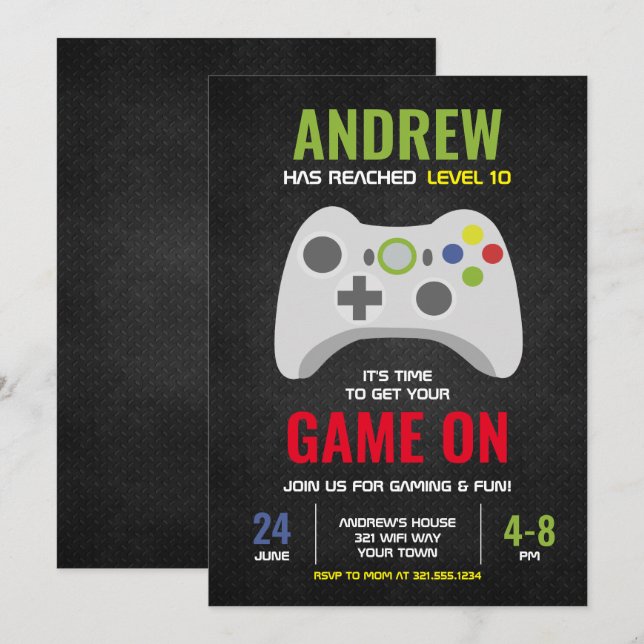 Gaming Themed (Style 3) Birthday Party Invitation (Front/Back)