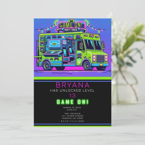 Gaming Truck Purple Green Gamer Birthday Party Invitation