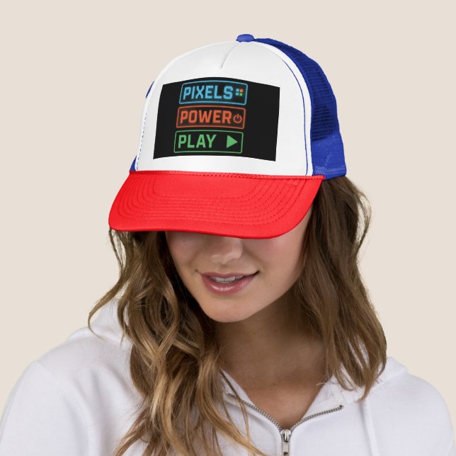 Gaming Trucker Hat – Pixels Power Play Gamer Cap (In Situ)