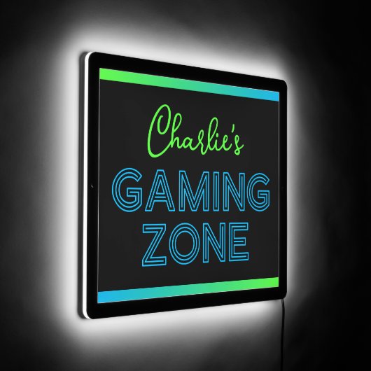 Gaming zone custom name blue green LED sign (Angle)