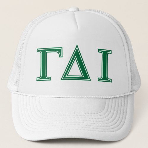 Gamma Delta Iota Green Letters Trucker Hat