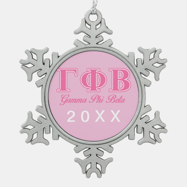 Gamma Phi Beta Pink Letters Snowflake Pewter Christmas Ornament (Front)