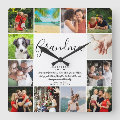 Gandma Quote Modern Script 12 Photo Collage Square Wall Clock