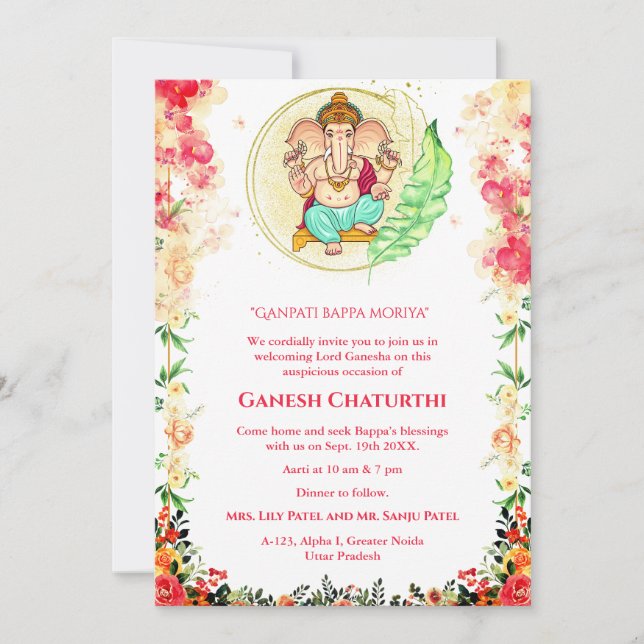 Ganesh Chaturthi Puja Floral Invitation (Front)