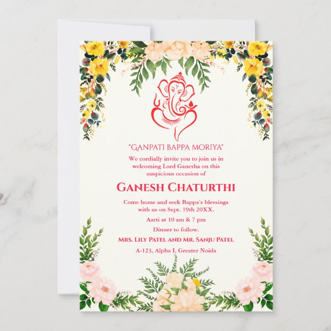 Ganesh Chaturthi Puja Floral Invitation (Front)