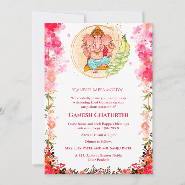 Ganesh Chaturthi Puja Floral Invitation (Front)