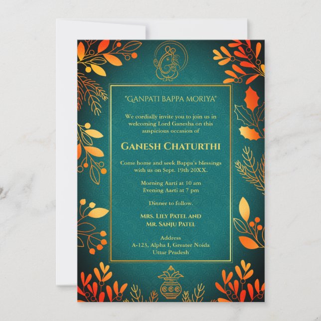 Ganesh Chaturthi Puja Golden Elements Invitation (Front)