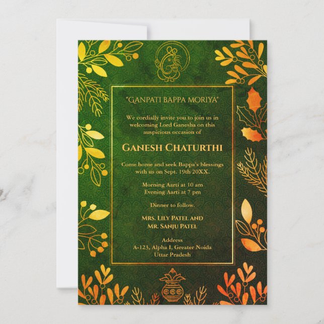 Ganesh Chaturthi Puja Golden Elements Invitation (Front)