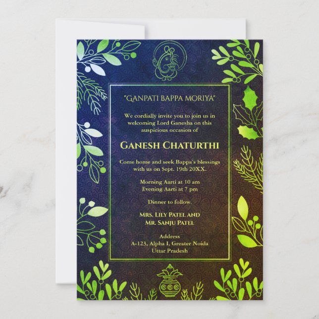 Ganesh Chaturthi Puja Golden Elements Invitation (Front)