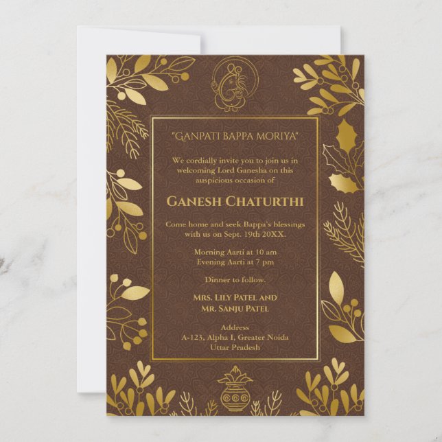 Ganesh Chaturthi Puja Golden Elements Invitation (Front)