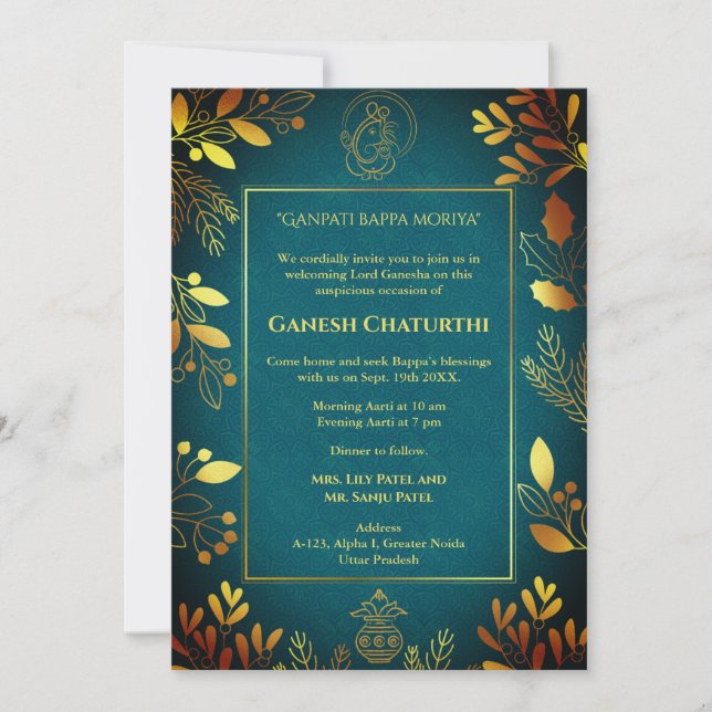 Ganesh Chaturthi Puja Golden Elements Invitation (Front)