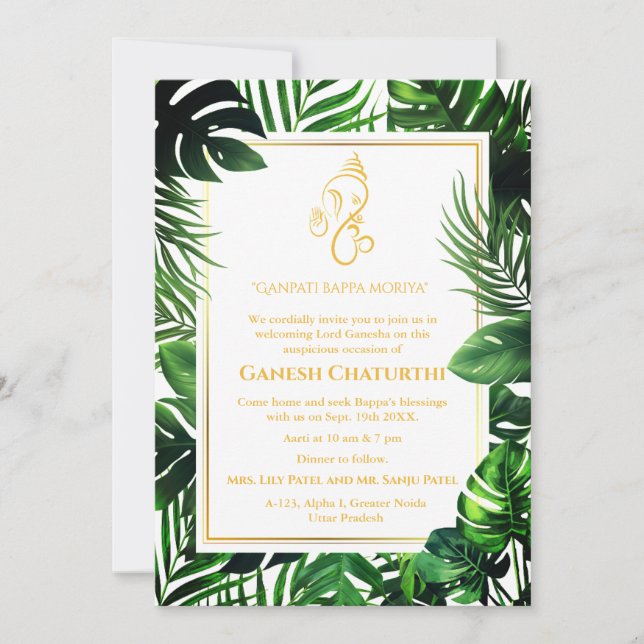 Ganesh Chaturthi Puja Minimal Leafy Tropical Invitation (Front)