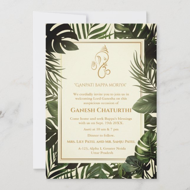 Ganesh Chaturthi Puja Minimal Leafy Tropical Invitation (Front)