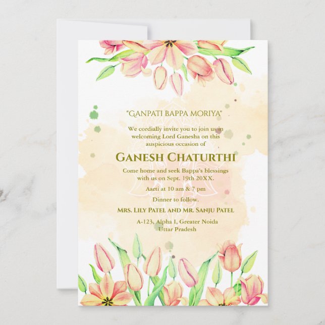 Ganesh Chaturthi Puja Pink Floral Invitation (Front)