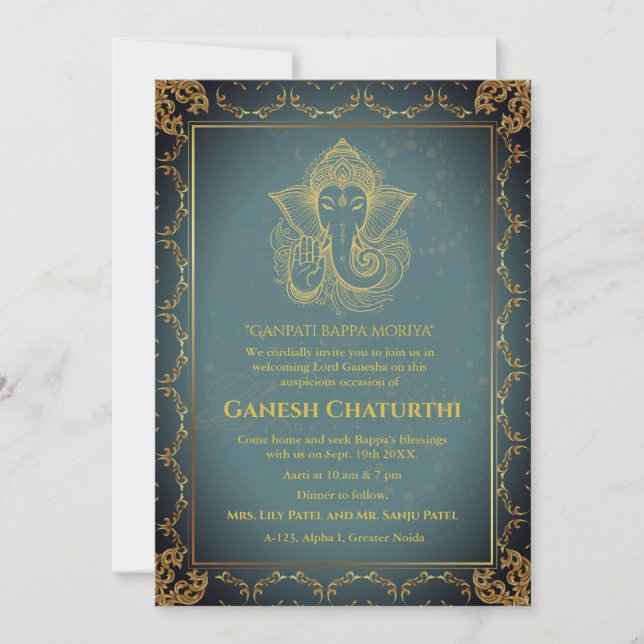 Ganesh Chaturthi Puja Roya Golden Elements Invitation (Front)