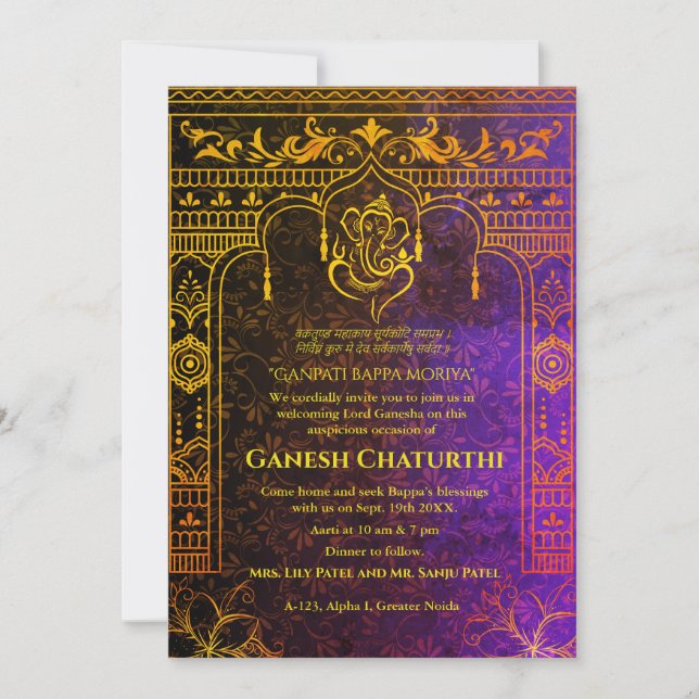 Ganesh Chaturthi Puja Roya Golden Elements Invitation (Front)