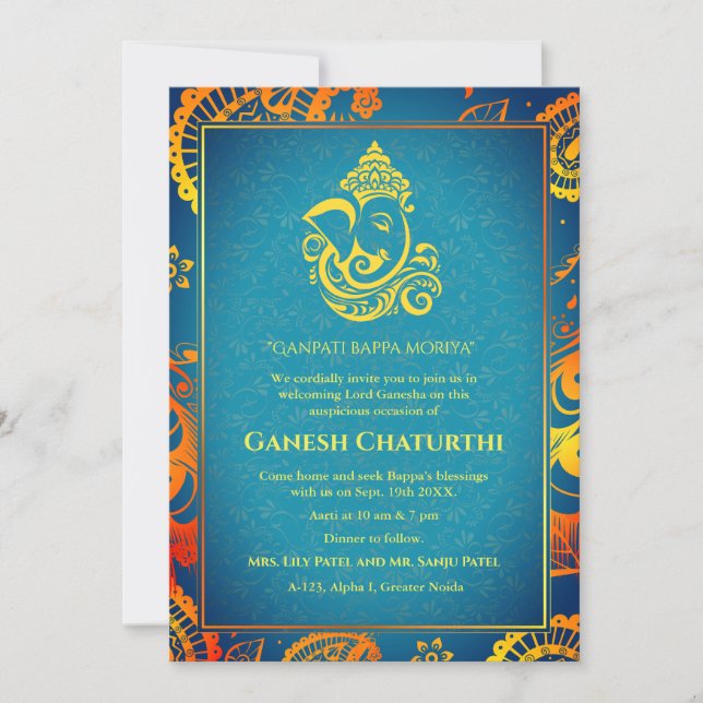 Ganesh Chaturthi Puja Roya Golden Elements Invitation (Front)