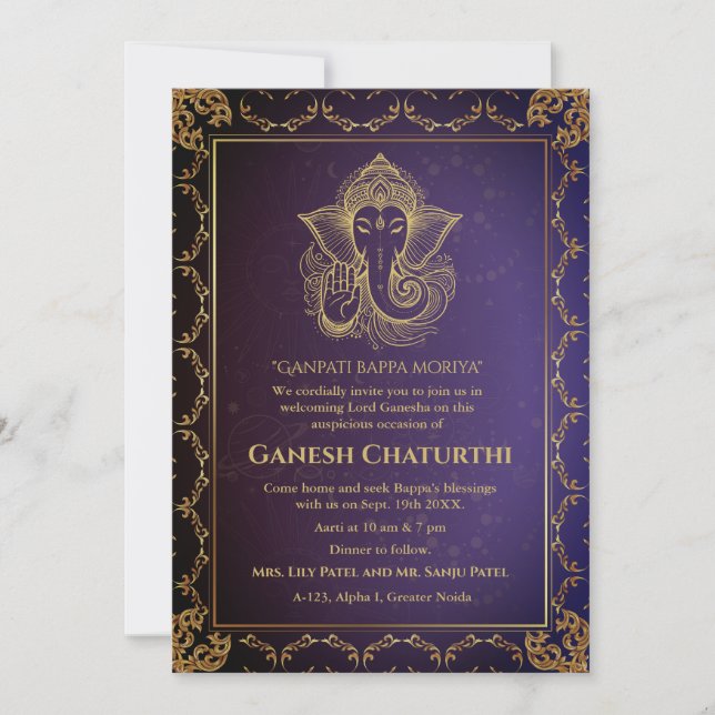 Ganesh Chaturthi Puja Roya Golden Elements Invitation (Front)
