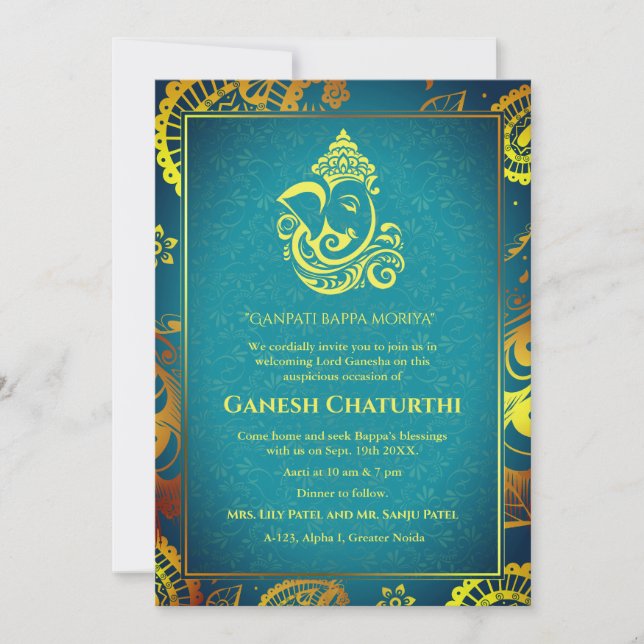 Ganesh Chaturthi Puja Roya Golden Elements Invitation (Front)