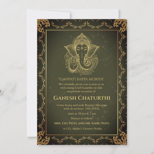 Ganesh Chaturthi Puja Roya Golden Elements Invitation (Front)