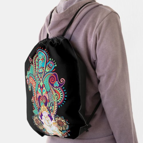 Ganesh Elephant God Colorful Paisley Motif Drawstring Bag