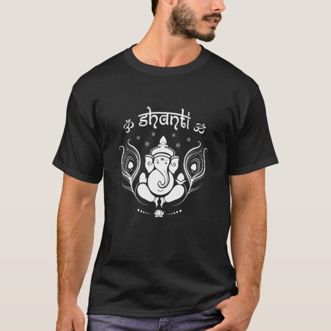Ganesh Hindu Elephant God OM Shanti Peace Yoga T-Shirt (Front)