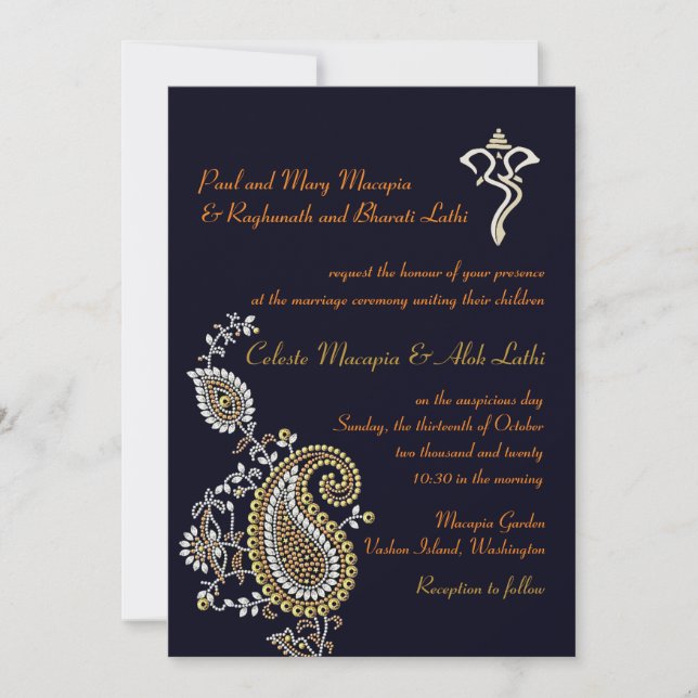 Ganesh Jeweled Gold Silver Paisley Hindu Wedding Invitation (Front)