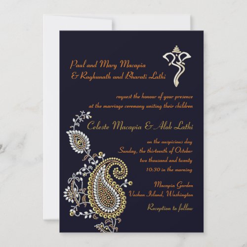 Ganesh Jeweled Gold Silver Paisley Hindu Wedding Invitation