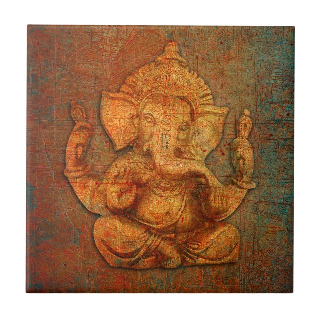 Ganesh On A Distress Stone Background Ceramic Tile (Front)