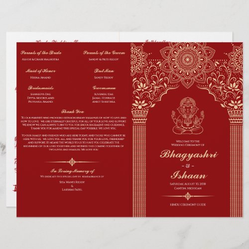 Ganesh Red Hindu Wedding Ceremony Folded Program 