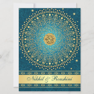 Ganesh Teal Gold Scrolls Wedding Invite LARGE