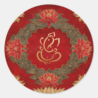 Ganesh Wedding | Indian Wedding Gold Lotus Red Classic Round Sticker