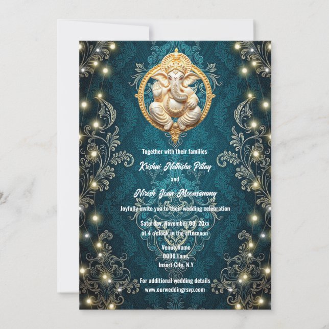 Ganesha elephant blue gold Hindi Hindu wedding Invitation (Front)