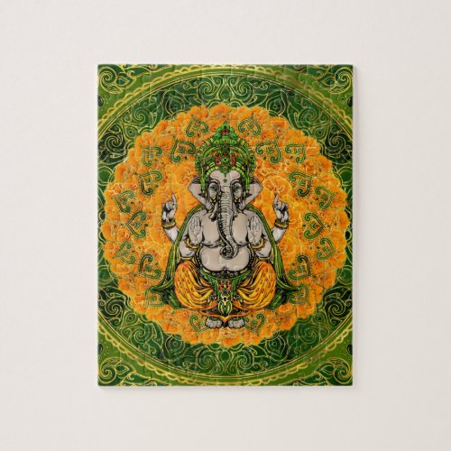 Ganesha in Marigold flowers and gold decoration Jigsaw Puzzle