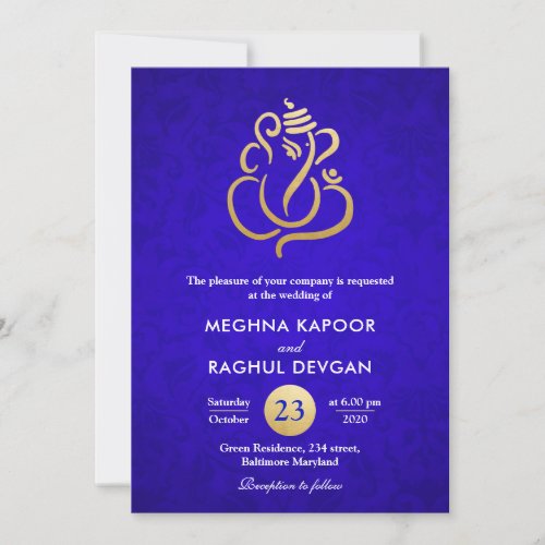 GaneshaIndian Faux Gold Foil Blue Damask Wedding  Invitation