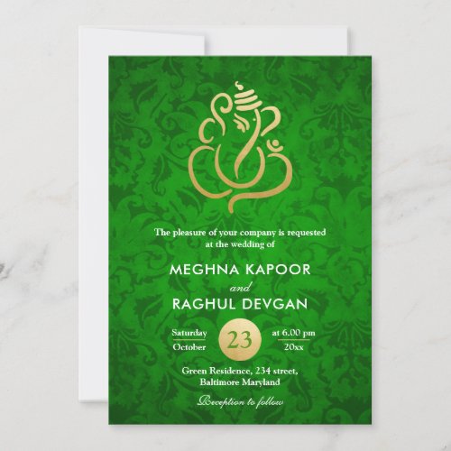 GaneshaIndian Faux Gold Foil Green Damask Wedding Invitation