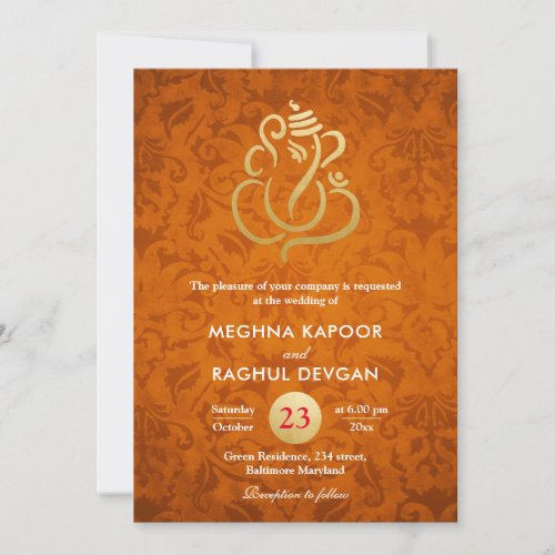 GaneshaIndian Faux Gold Foil Orange Damask Invitation