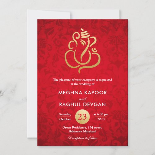 GaneshaIndian Faux Gold Foil Red Damask Wedding  Invitation