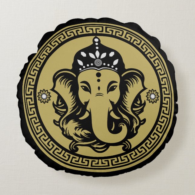 Ganesha Themed Hindu Art Print Round Pillow (Front)