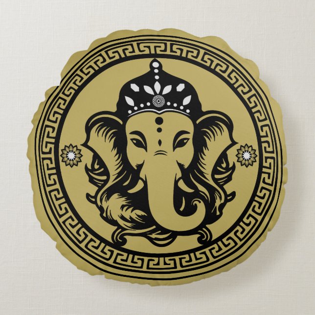 Ganesha Themed Hindu Art Print Round Pillow (Front)
