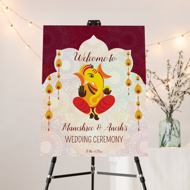 Ganesha with yellow garlands lotus border welcome foam board (In Situ (Stand))