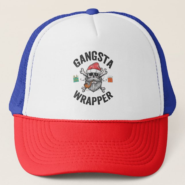 Gangsta Wrapper Funny Christmas Santa Present Gift Trucker Hat (Front)
