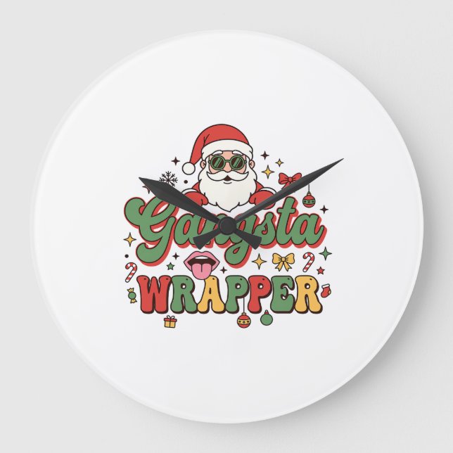 Gangsta Wrapper Santa Christmas Large Clock (Front)